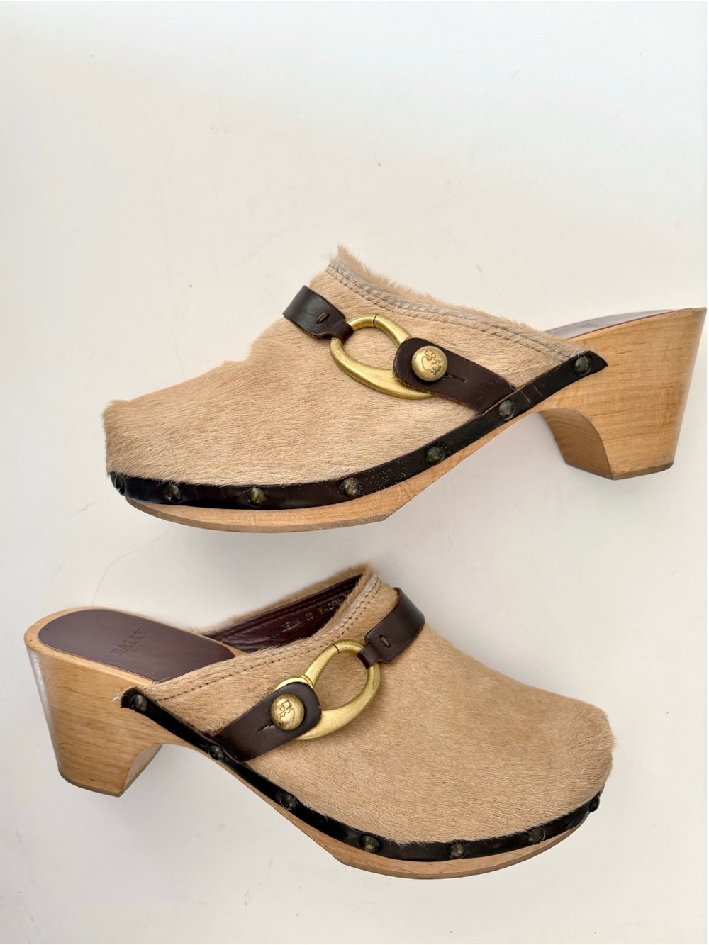 Bally || Vintage Zelia Pony Hair Clogs Wood Sole Gold Buckle Tan Brown 38